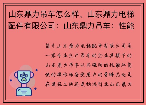 山东鼎力吊车怎么样、山东鼎力电梯配件有限公司：山东鼎力吊车：性能强劲，操作简便